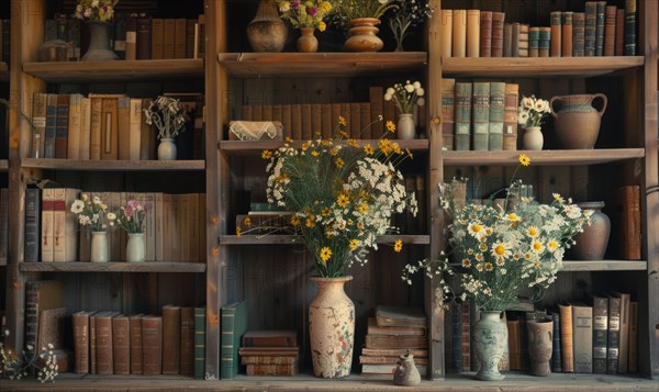 Vintage bookshelf adorned with vases of freshly picked wildflowers AI generated