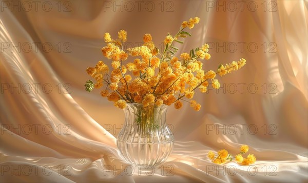 Bouquet of blooming Mimosa branches in glass vase AI generated