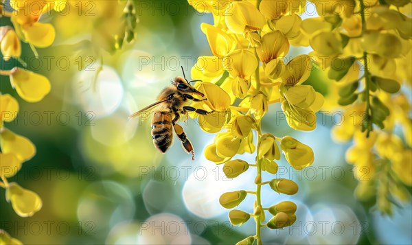 Close-up of a bee collecting nectar from laburnum flowers AI generated