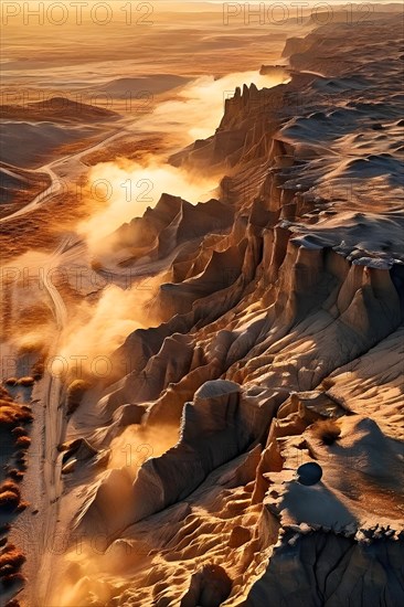 Patagonian desert landscape with powerful wind shaping landforms isolated rock formations, AI generated