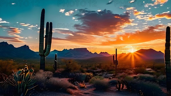 Saguaro cacti against the backdrop of a colorful sunrise sky, AI generated