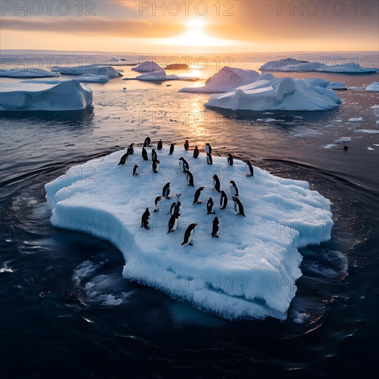 Group of penguins huddled on a drifting iceberg in the antarctic displaying wildlife, AI generated