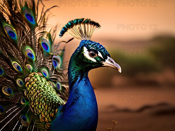 Peacock with the full display of magnificent plumage usp in each feather in the Thar desert, AI generated