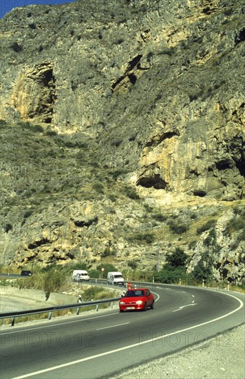 Traffic in Sierra Nevada, Grenada region, Andalusia, Spain, South Europe. Scanned thumbnail slide, Europe