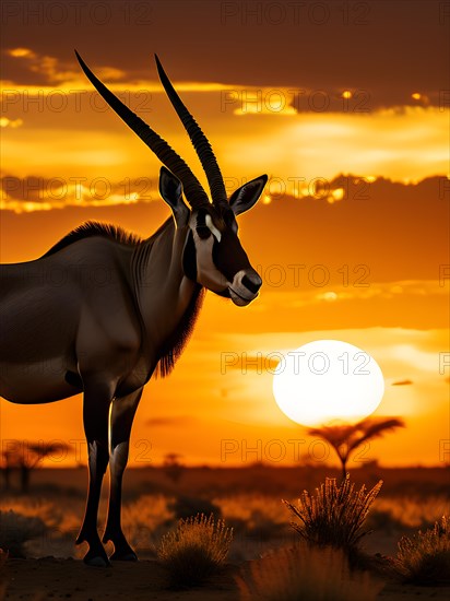 Gemsbok silhouette towering with a polemic accentuation of horns piercing through the orange dome of sun in the Kalahari, AI generated