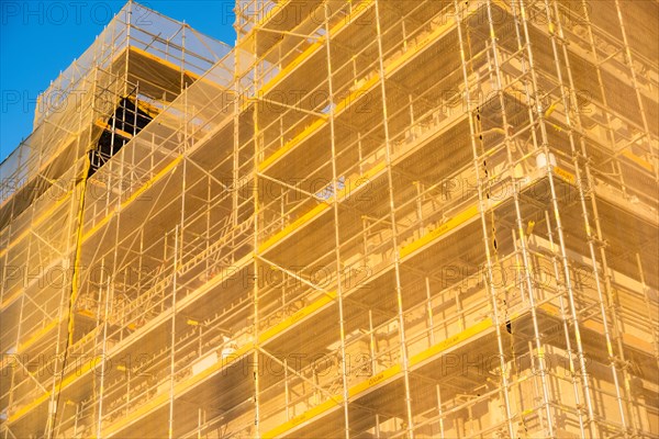 Scaffolded construction site in the old harbour of Barcelona, Spain, Europe