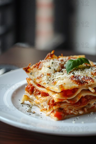 Piece of lasagna on white plate. KI generiert, generiert, AI generated