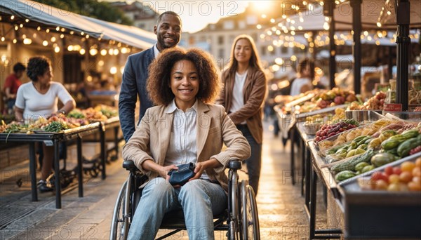 A happy couple with one partner in a wheelchair enjoying an evening at a lively outdoor market, AI generated