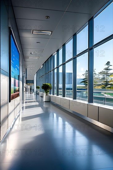 Long empty corridor in a modern hospital with natural light, AI generated, modern, architecture