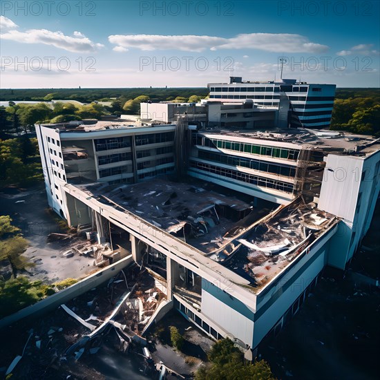 Neglected hospital section with collapsed roof elements, AI generated, hospital, damage, abandoned, ruin, decrepit