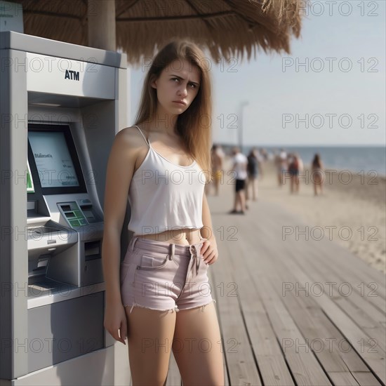 Anxious young woman stands at the ATM on the seafront promenade, KI generated, AI generated