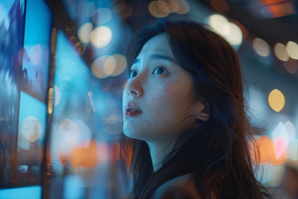 A woman interacts with a futuristic display on a city street, immersed in blue light, AI generated