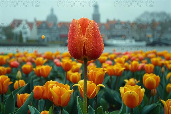 Close-up of an orange dew-covered tulip with a European cityscape blurred in the background, AI generated