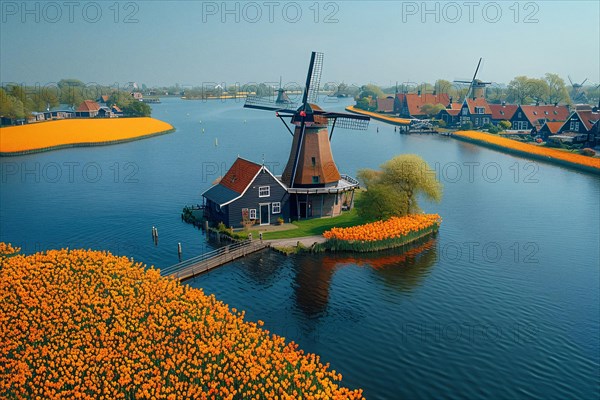 A unique aerial view of a windmill surrounded by tulip fields next to a river, AI generated