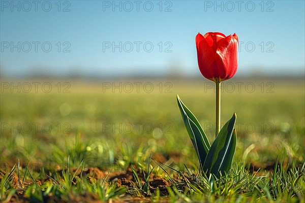 A single red tulip stands out in a field of green grass, symbolizing simplicity and natural beauty, AI generated