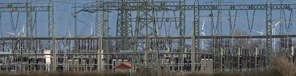 Stendal West substation with wind turbines in the background near Luederitz, panoramic photo, Stendal, Saxony-Anhalt, Germany, Europe