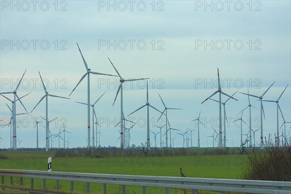 Wind turbines on the A 9 motorway, Saxony-Anhalt, Germany, Europe