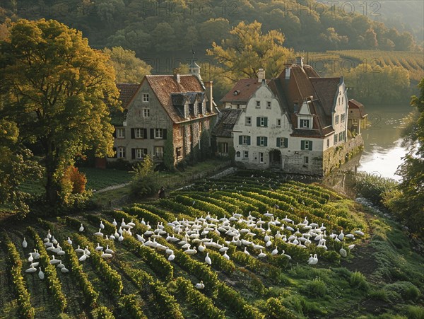 A scene with geese on a vineyard across a river during autumn, AI generated, AI generated, AI generated