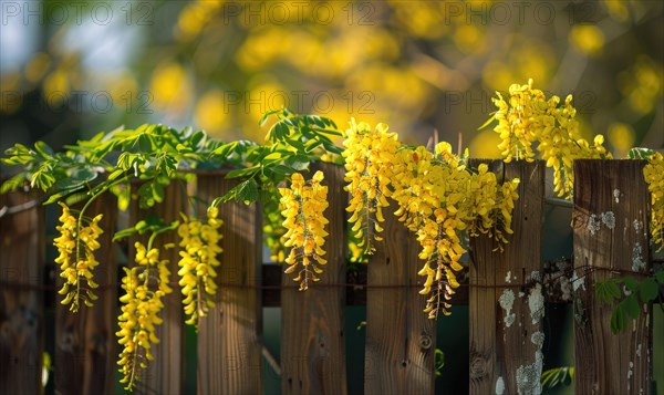 Laburnum branches cascading over a wooden fence AI generated