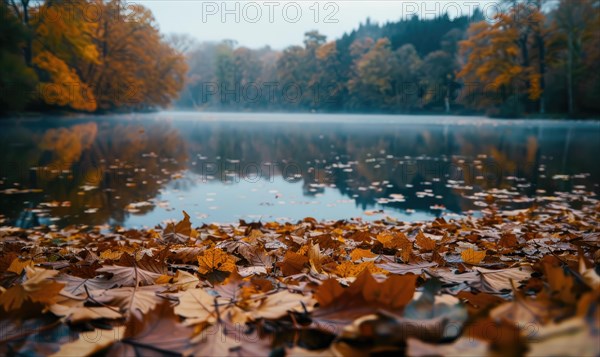 The lake covered of fallen leaves, nature background AI generated