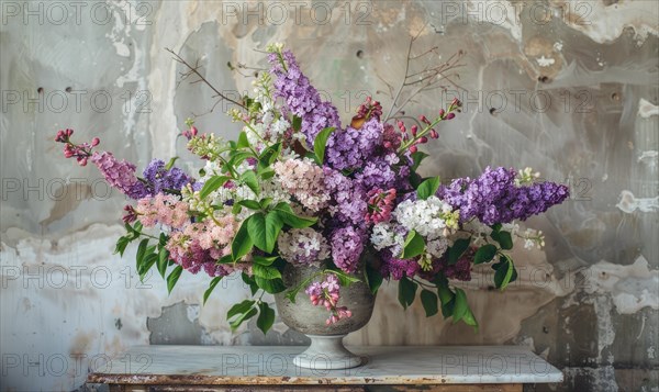 A bouquet of lilacs in vase against old white wall AI generated