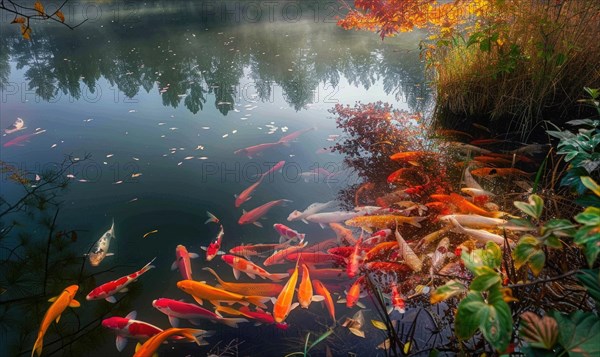 A group of colorful koi fish swimming in a tranquil pond AI generated