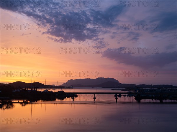 Dawn in front of sunrise, Olbia harbour, Olbia, Sardinia, Italy, Europe