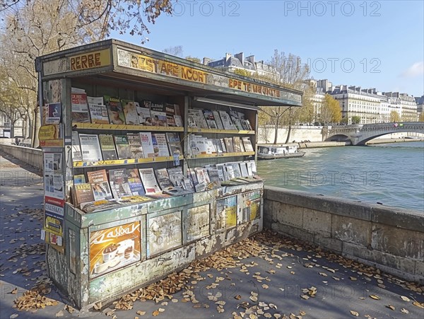 Ein traditioneller Zeitschriftenstand am Flussufer mit herabfallenden Herbstblaettern im Vordergrund, Lifestyle in Paris, Frankreich, AI generiert, AI generated