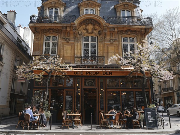 Fruehlingsstimmung auf einer belebten Cafeterrasse mit Blick auf moderne Architektur, Lifestyle in Paris, Frankreich, AI generiert, AI generated