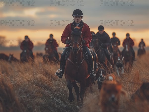 Traditional fox hunting with traditional clothing in England on horseback with dogs over hill and dale, AI generated