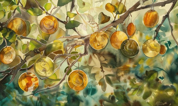 Vibrant watercolor painting of money coins hanging from branches of a tree sprout AI generated