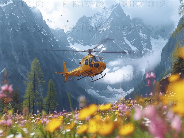 Gelber Hubschrauber fliegt niedrig ueber ein bluehendes Tal mit imposanten verschneiten Bergen, Rettungshubschrauber im Einsatz, AI generiert, AI generated