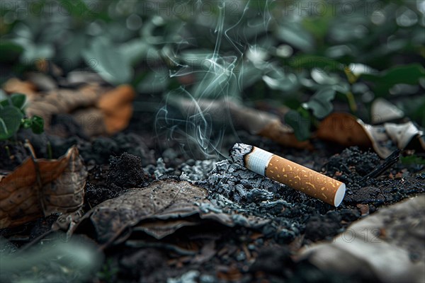 Burning cigarette butt on forest ground risking fire. KI generiert, generiert, AI generated