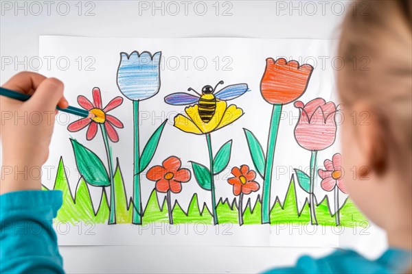 A girl draws a picture of flowers and bees with a coloured pencil, AI generated, AI generated, AI generated