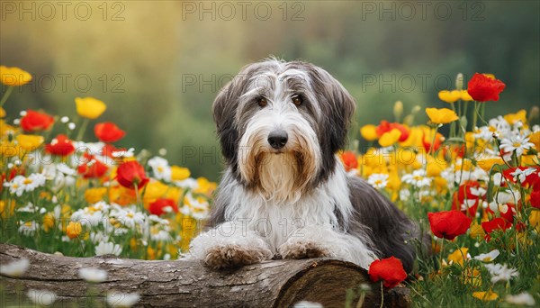 Ai generated, animal, animals, mammal, mammals, a, single animal, bobtail, (Canis lupus familiaris), dog, dogs, bitch, dog breed from England, a single animal, lies on a tree trunk, portrait, freontal