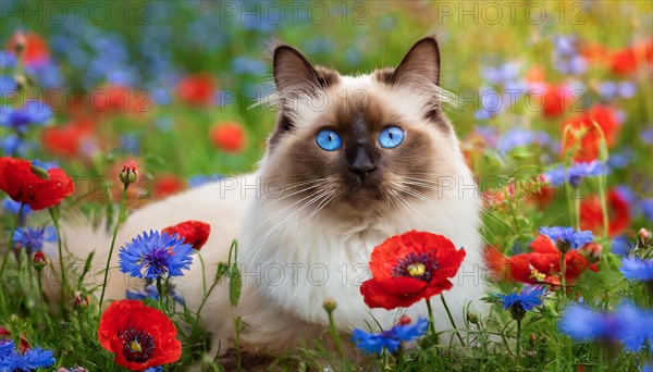 KI generated, animal, animals, mammal, mammals, cat, felidae (Felis catus), a cat lies in a meadow with cornflowers and poppies