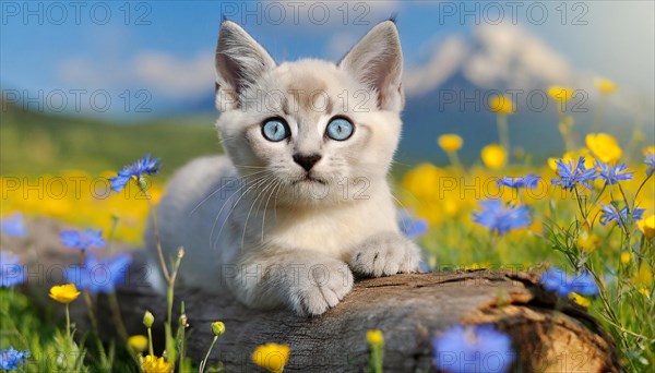 KI generated, animal, animals, mammal, mammals, cat, felidae (Felis catus), a kitten resting in a meadow on a tree trunk