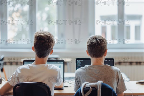 Pupils in a classroom, with laptops on the desks, digitalisation in schools, digital teaching, AI generated, AI generated, AI generated