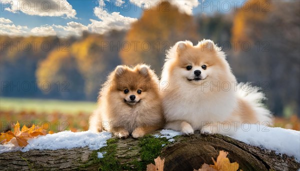 KI generated, animal, animals, mammal, mammals, one, single animal, dwarf spitz, Spitz, (Canis lupus familiaris), dog, dogs, bitch, Pomeranians, two young animals lying on a tree trunk, autumn, fresh snow