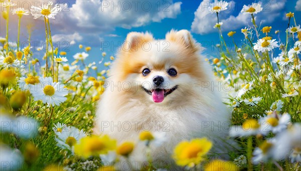 KI generated, animal, animals, mammal, mammals, one, single animal, dwarf spitz, Spitz, (Canis lupus familiaris), dog, dogs, bitch, Pomeranians, flower meadow, summer