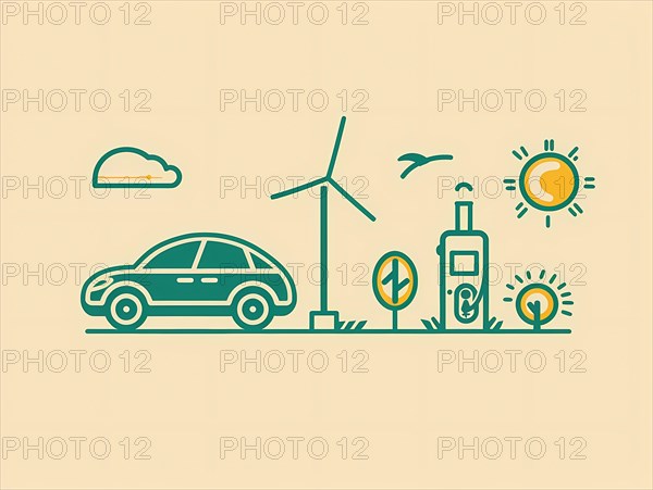 Flat design illustration of a sustainable lifestyle with an electric car and renewable energy sources, illustration, AI generated