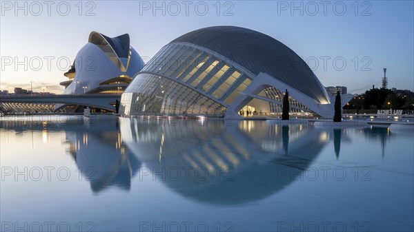 L'Hemisferic in the City of Arts and Sciences, behind it the Palau de les Arts Reina Sofia opera house, Cuitat de les Arts i les Ciences, Valencia, Spain, Europe