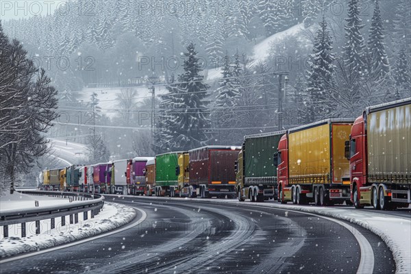 Traffic jam, congested motorway with many lorries and cars in winter, bad weather conditions, snow chaos, restricted visibility, AI generated, AI generated, AI generated