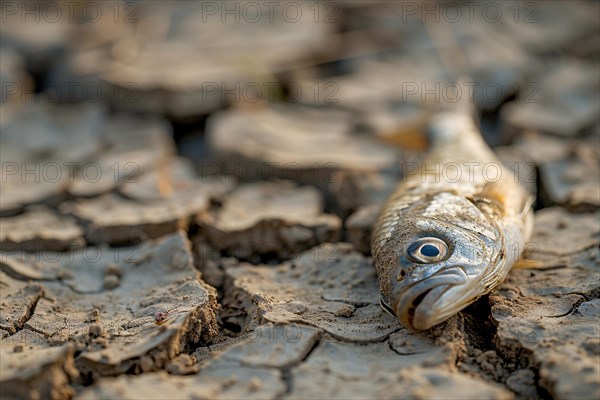 Dead fish on cacked dried up earth. Global warming and water scarcity concept. KI generiert, generiert, AI generated