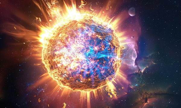 Fiery depiction of a star explosion radiating energy in space AI generated