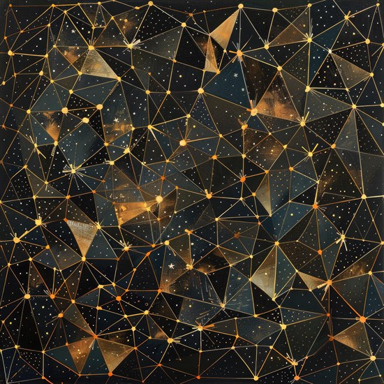 Golden geometric lines interconnected over a navy-blue starry sky AI generated