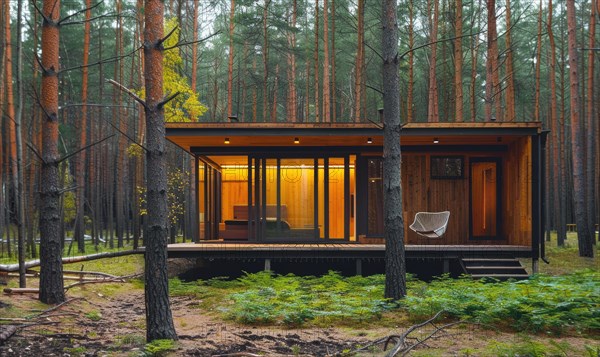 A modern wooden cabin nestled among tall pine trees in the forest AI generated