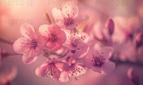 Blooming cherry blossom tree, closeup view, selective focus, bokeh AI generated