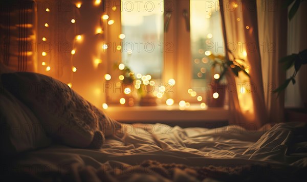 Bokeh lights in warm tones casting a soft glow in a cozy indoor setting AI generated