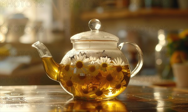 Chamomile tea being brewed in a glass teapot AI generated